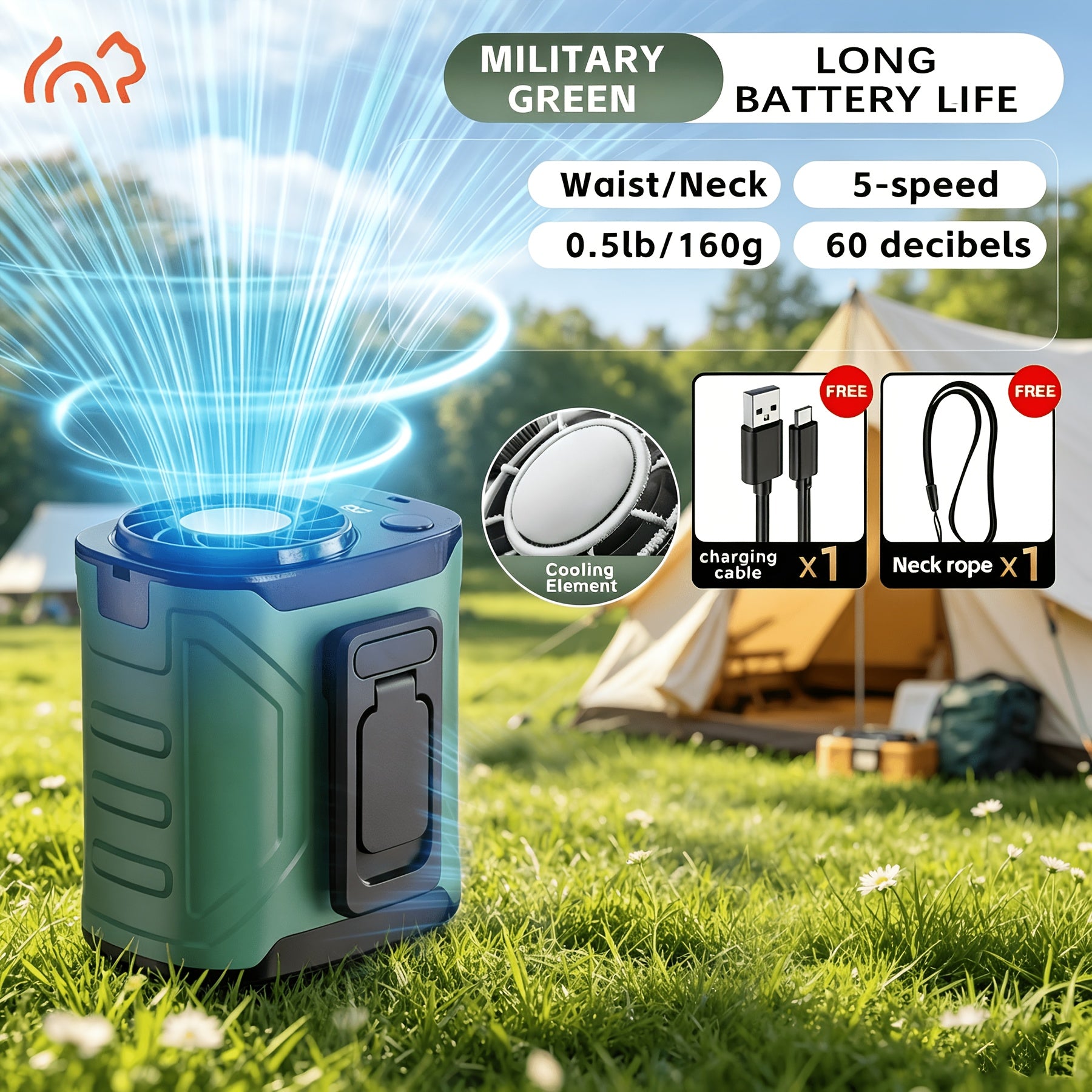 Portable Neck Fan Waist Fan 18000RPM Brushless Motor 199 Speed Settings 5000mAh Battery LED Power Display Outdoor Camping Fishing Hiking Work