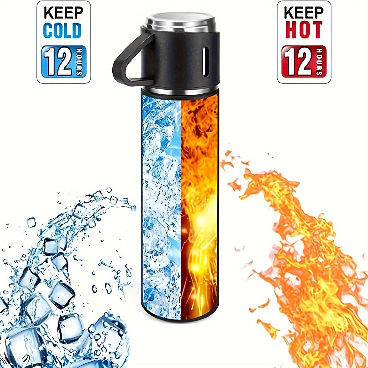 Stainless Steel Cup Set 4 Piece – 500ml Insulated Water Bottle with 3 Small Cups & 3 Lids Hot Cold Drinks Travel Tumbler Gift Set for Office School Outdoor
