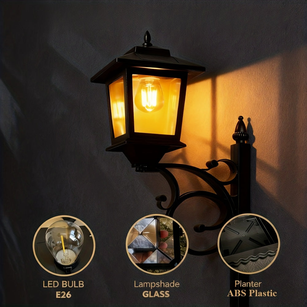 Solar Flower Pot Lamp Post Light Outdoor 2-in-1 – Glass Lampshade & Bulb, IP44 Waterproof, Wall Mount or Floor Standing, Decorative Garden Patio Lawn Front Door Light (1 or 2 Pack)