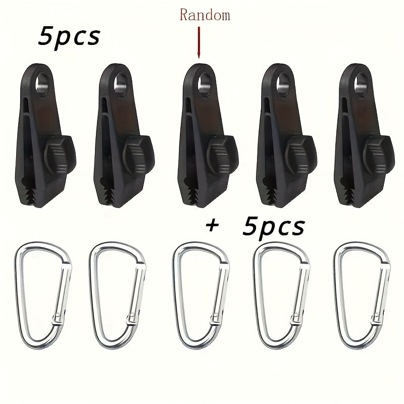 Tent Clamps 10 Pack ABS Windproof Camping Clips with 5 Carabiners – Heavy Duty Secure Grip for Tents, Tarps & Outdoor Shelters | Black