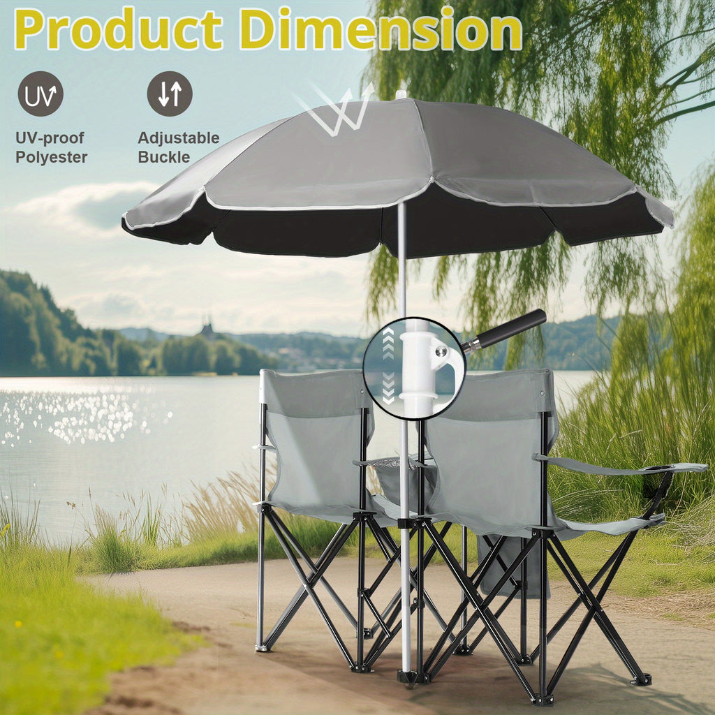 Folding Fishing Chair with Sun Umbrella 2-Seat Portable Outdoor Chair - Iron Alloy Frame Oxford Fabric Beach Patio Camping Chair with Storage Bag - Red Black Grey Blue Coconut Pineapple Pattern