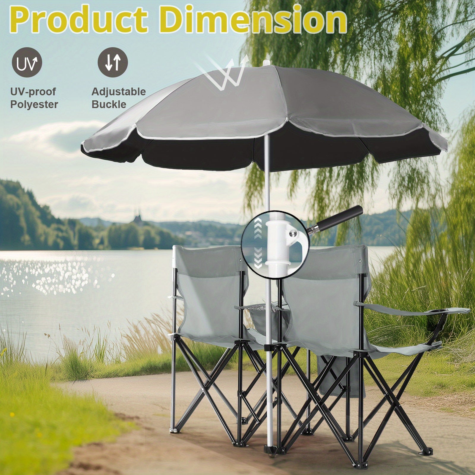 Folding Fishing Chair with Sun Umbrella 2-Seat Portable Outdoor Chair - Iron Alloy Frame Oxford Fabric Beach Patio Camping Chair with Storage Bag - Red Black Grey Blue Coconut Pineapple Pattern