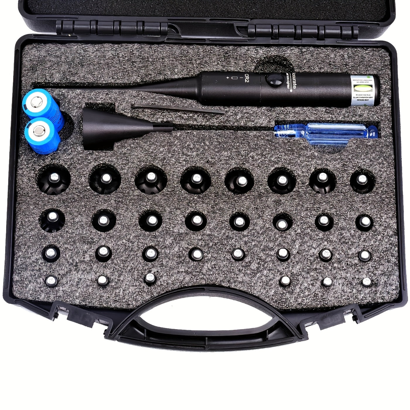 Laser Bore Sight Kit with 32 Adapters – Fits .17 to 12GA, Green & Red Laser, 15-100 Yard Range, Button ON/OFF, 8-Hour Battery