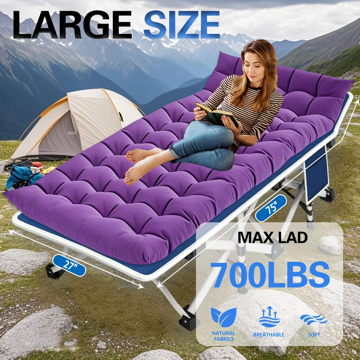 Folding Camping Cot with Mattress XXL Oversize 75"-79" Heavy Duty 700-900 LBS – Portable Guest Bed & Sleeping Cot with Carry Bag for Camping, Travel, Indoor & Outdoor Use