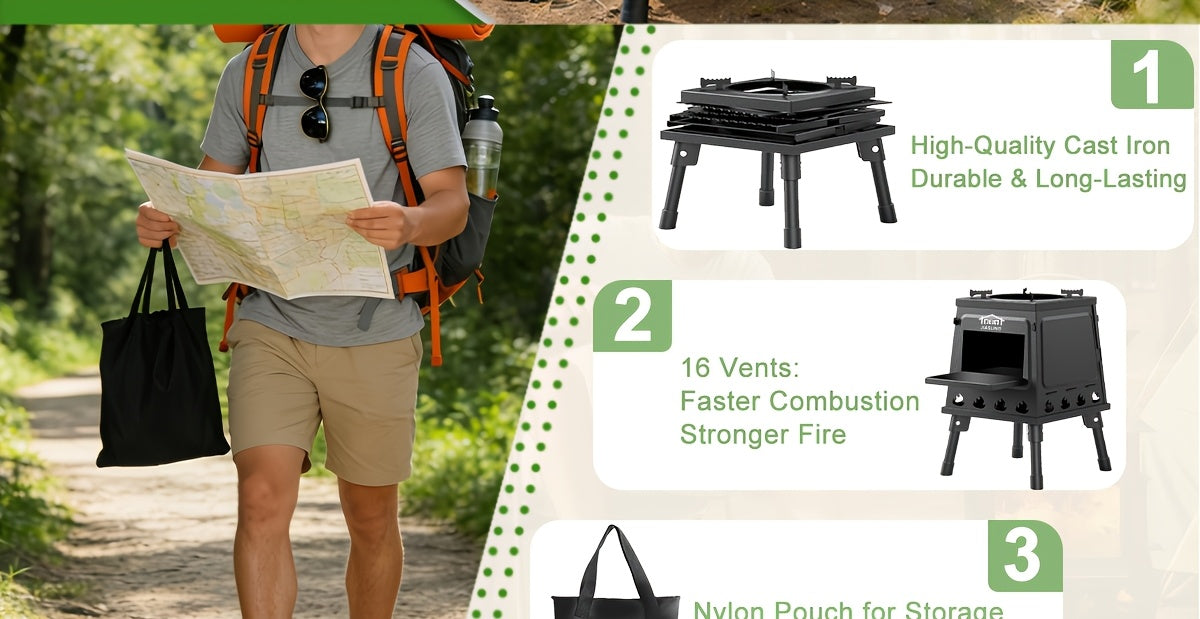 Portable Wood Burning Camp Stove with BBQ Scissors – Compact Folding Camping Stove for Outdoor Hiking Picnic Backpacking Travel, Black