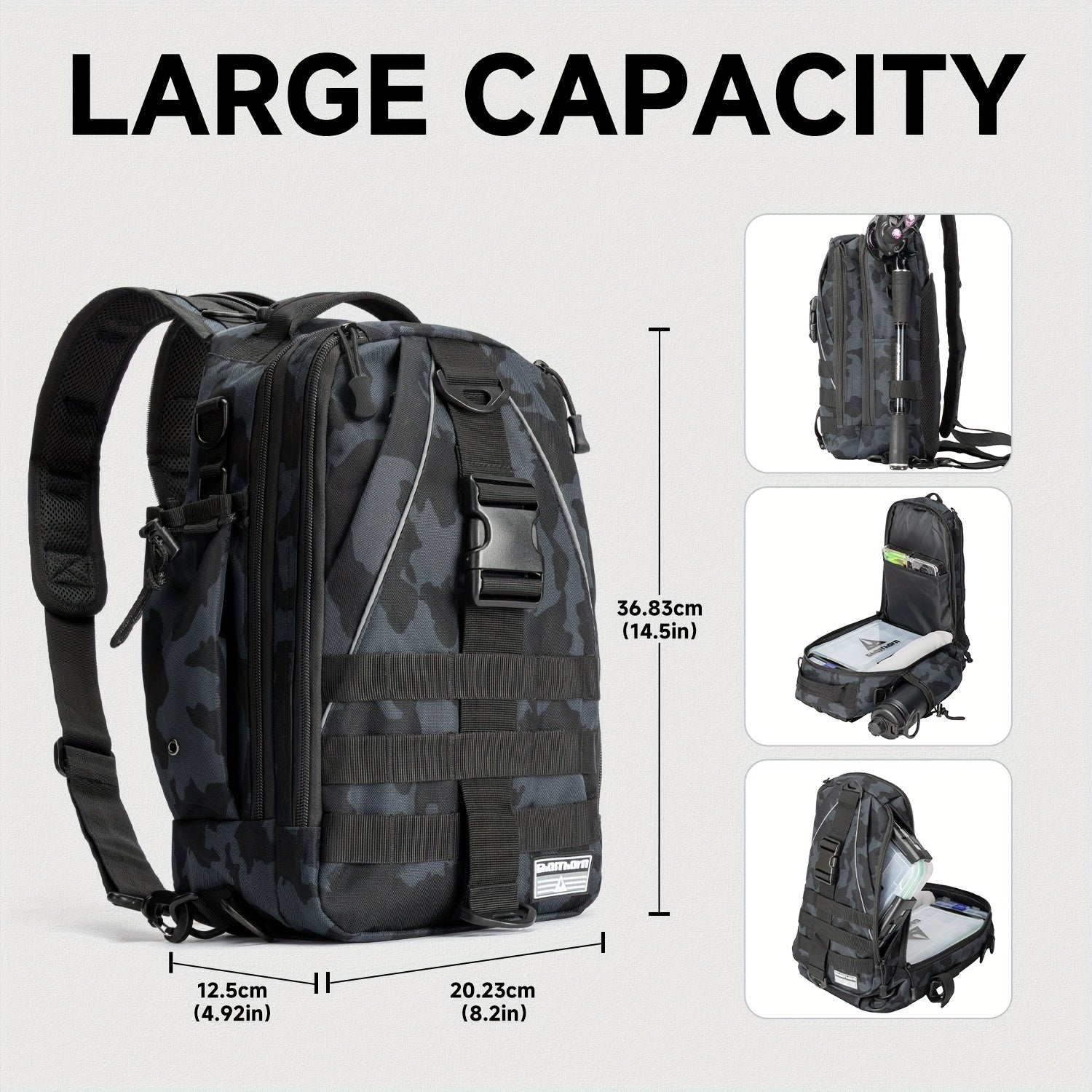 Tackle Sling Bag with Rod Holder for Men & Women – Fishing Backpack Daypack, Multi-Pocket Fly Fishing Bag, Camouflage Khaki Black, Standard & Large, Best Fishing Gift for Dad