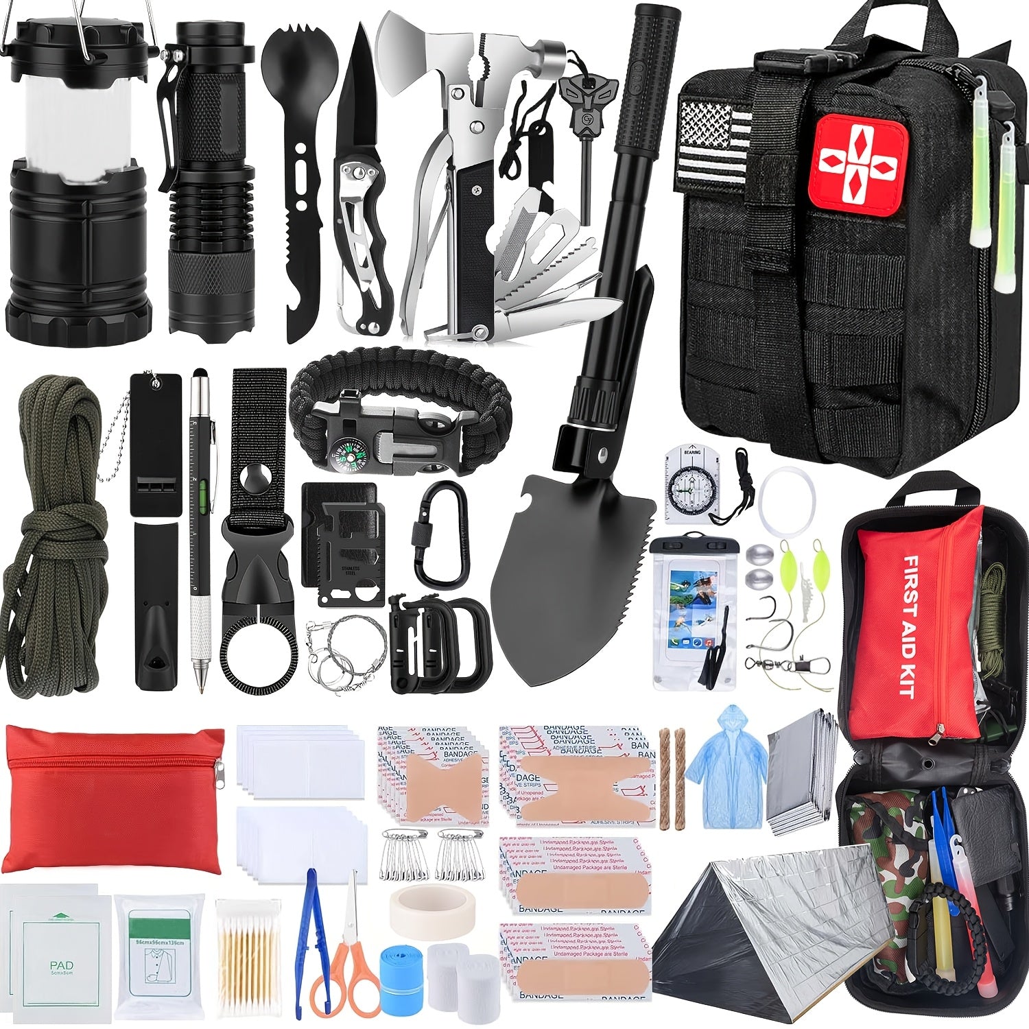 272-Piece Survival Kit with Fire Starter - Emergency Gear Set with First Aid, Flint Magnesium Rod, Whistle, Flashlight & Molle Bag for Camping Hiking Hunting Earthquake Preparedness