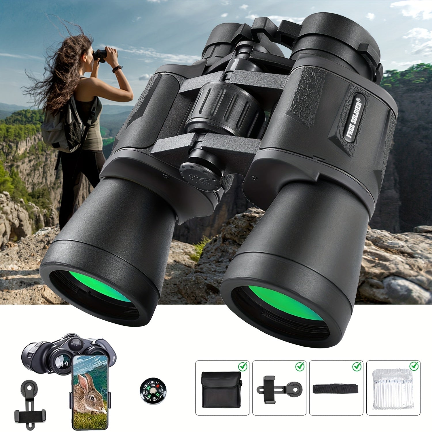 High-Powered Binoculars for Adults with Phone Adapter Bird Watching Travel Hiking Concerts Includes Carry Case and Strap Compact Lightweight Optics Black Green Mud