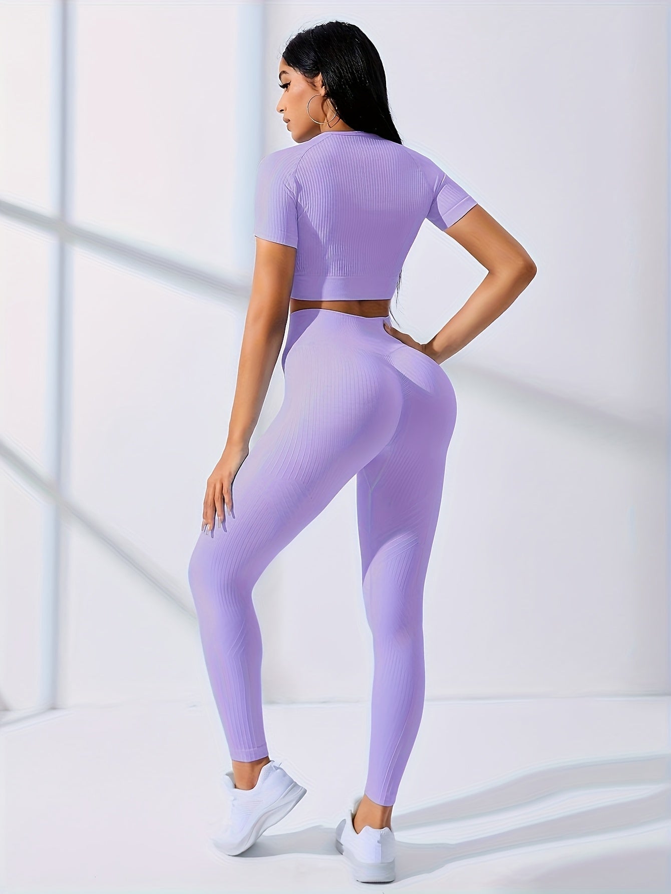 2PCS Women's Workout Set – Yoga Crop Top & Leggings, Crew Neck, Medium Stretch, Solid Color All-Season Activewear, XS-XL