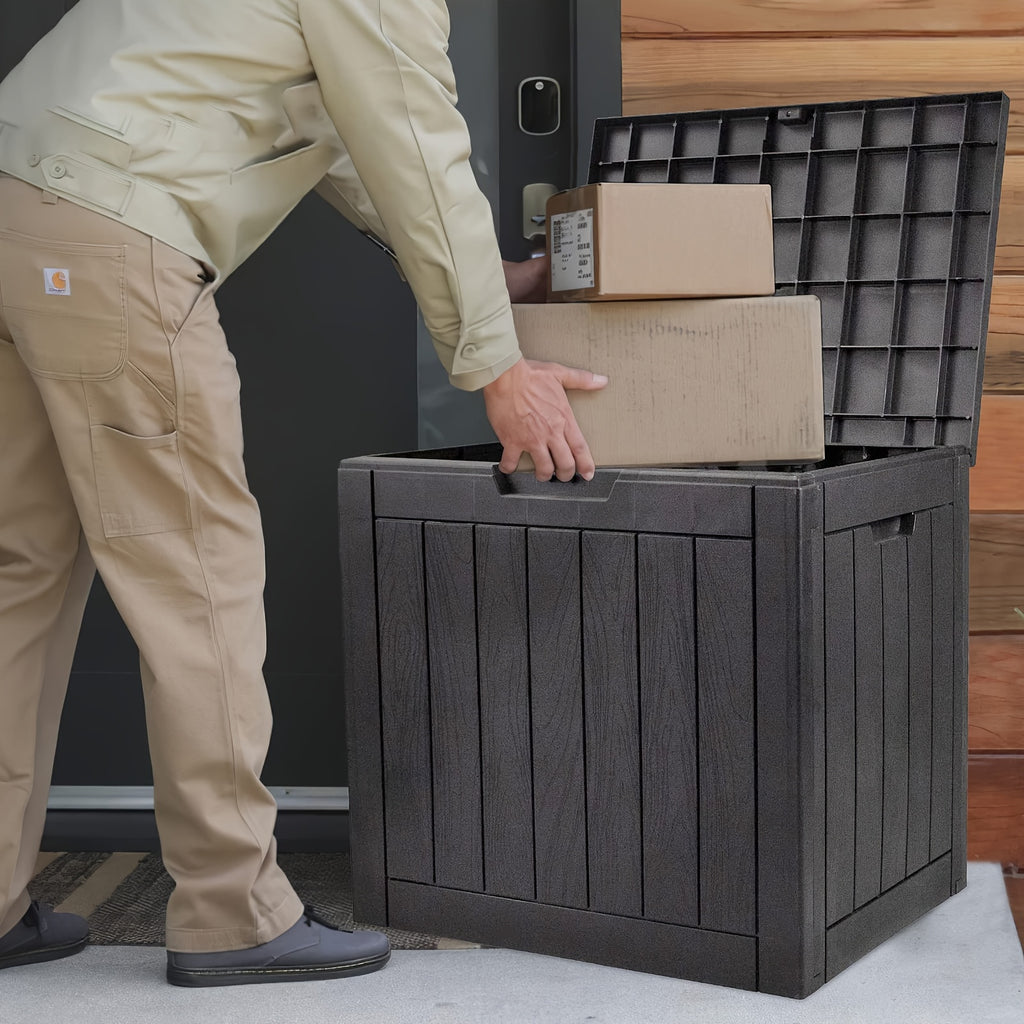 35 Gallon Outdoor Storage Deck Box – UV & Waterproof Lockable Resin Organizer for Patio Furniture, Garden Tools & Toys | Wood Grain & Rattan Style, Indoor Outdoor Use