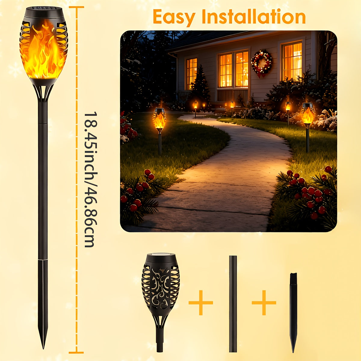 Solar Flame Torch Lights Outdoor - Flickering Flame Effect, IP65 Waterproof, Auto Dusk-to-Dawn, 750mAh Solar Powered Garden Stake Lights for Yard, Lawn, Patio & Pathway - 4/8/12 Pack