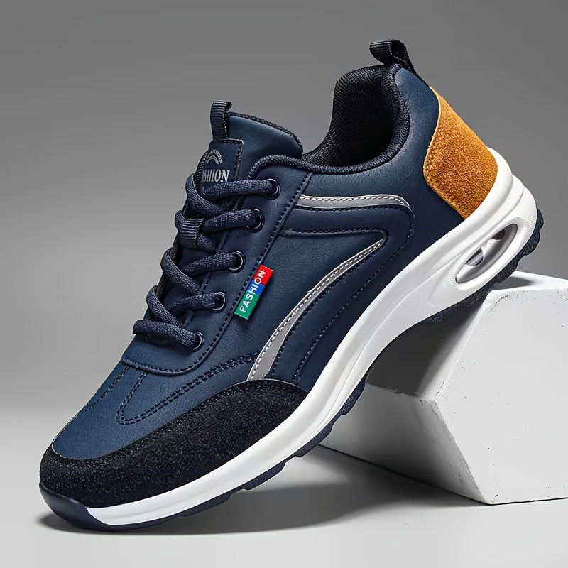 Men's Fashion Sneakers Lace-Up Non-Slip Soft Sole Casual Running Shoes PU Leather Comfortable Outdoor Athletic Footwear