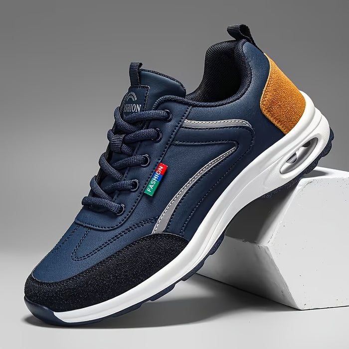 Men's Fashion Sneakers Lace-Up Non-Slip Soft Sole Casual Running Shoes PU Leather Comfortable Outdoor Athletic Footwear
