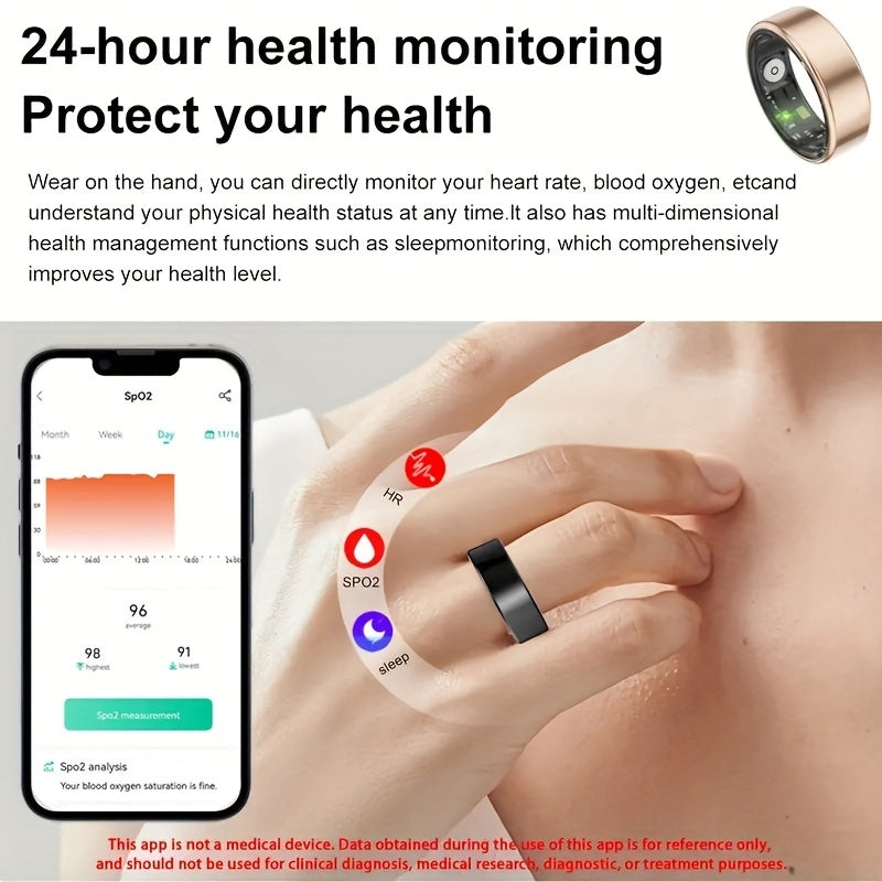 Smart Ring Fitness Tracker - Bluetooth 5.3 Health Monitoring Ring with 100+ Sports Modes, HRV Heart Rate, Stress Monitor, Body Temperature, IP68 Waterproof, iPhone & Android Compatible, Sizes 7-13