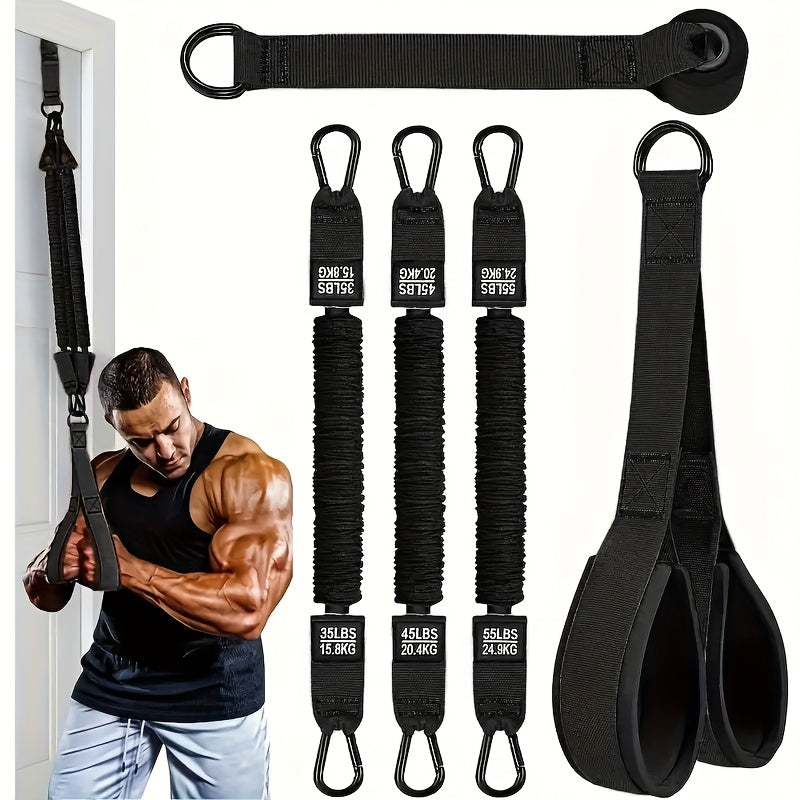 Resistance Bands Set 5-Piece 225lbs Heavy Duty Latex with Door Anchor Handle – Lat Pulldown Face Pull Bicep Curl Tricep Pushdown Shoulder Press Seated Row Home Gym Cable Machine Alternative for Men Women Black Blue Yellow