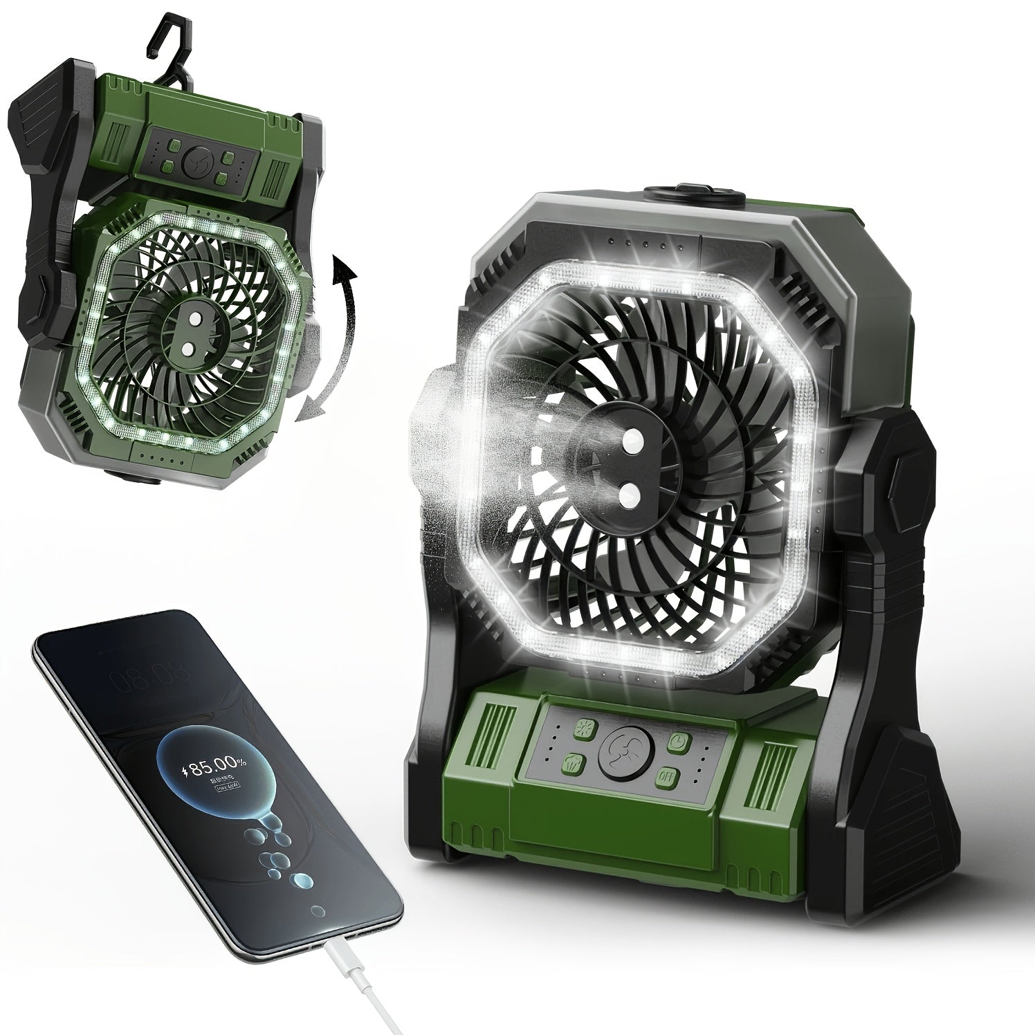 3-in-1 Portable Camping Fan with LED Light & Phone Charger - Rechargeable Battery Tent Fan with Hooks - Desktop Cooling Fan for Camping Patio Travel Sports Events Power Outages