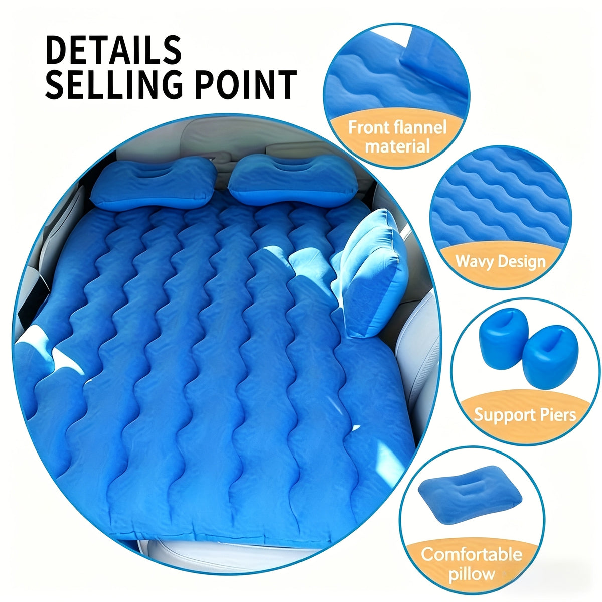 SUV Air Mattress Inflatable Car Bed Portable Camping Travel Flocked Blow Up Mattress for SUV Trunk with Storage Bag Repair Kit Blue Black Beige Gray