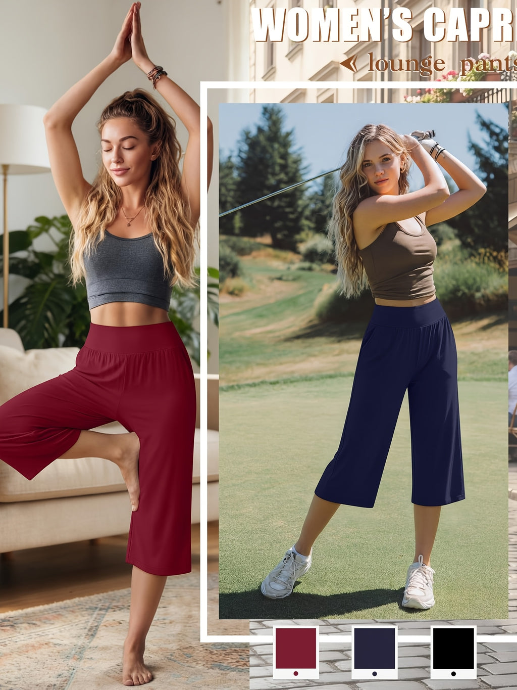 Women's Capri Pants 3 Pack Loose Lounge Joggers Yoga Cropped Sweatpants with Pockets – Elastic Waist Casual Spring Summer Fall