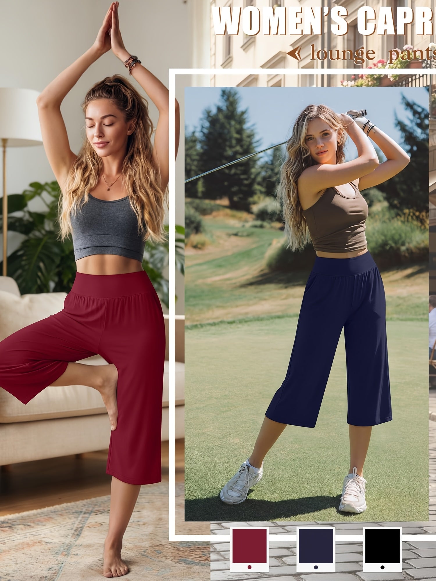 Women's Capri Pants 3 Pack Loose Lounge Joggers Yoga Cropped Sweatpants with Pockets – Elastic Waist Casual Spring Summer Fall