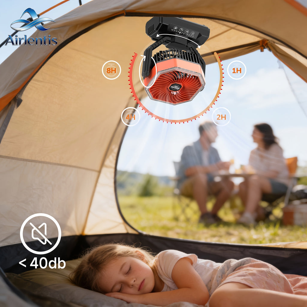 20000mAh Portable Camping Fan 180° Oscillating 4-Speed Brushless Motor LED Light 22-26H Battery USB Rechargeable for Camping Hiking Picnic Emergency Gray Pink Green Black Orange