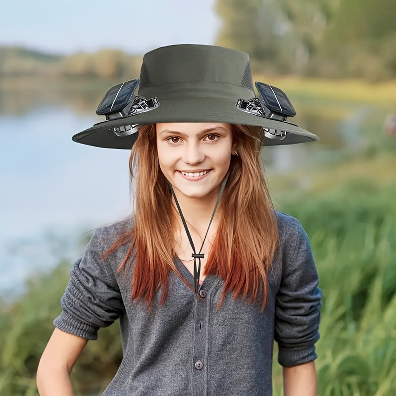 Solar USB Rechargeable Cooling Fan Hat Wide Brim 3-Speed Adjustable Fan Sun Protection for Men Women Beach Fishing Hiking Outdoor Activities Black Olive Green