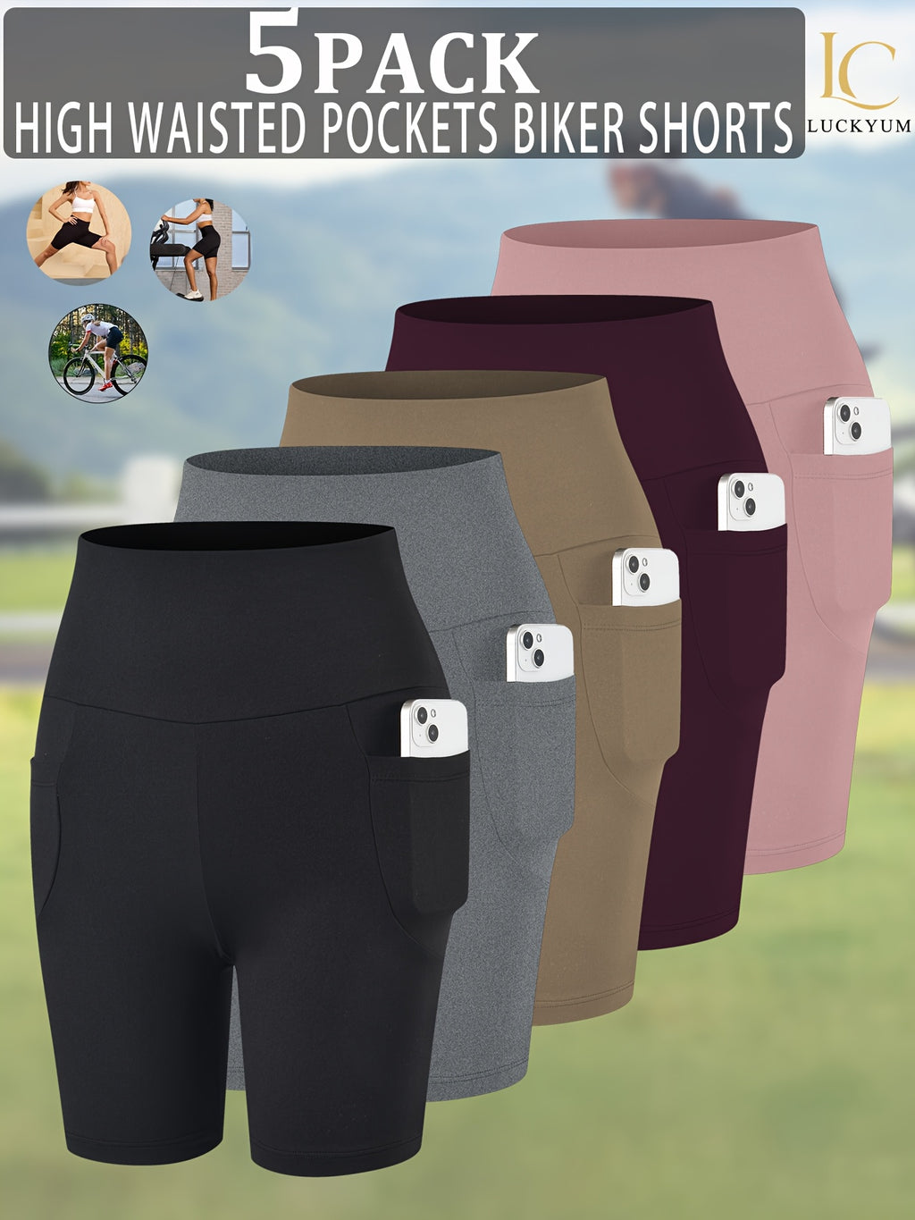 High Waisted Biker Shorts for Women 5-Pack with Pockets Tummy Control No See-Through 92% Polyester 6-Inch Inseam Workout Running Yoga Gym Athletic Shorts XS-XXL