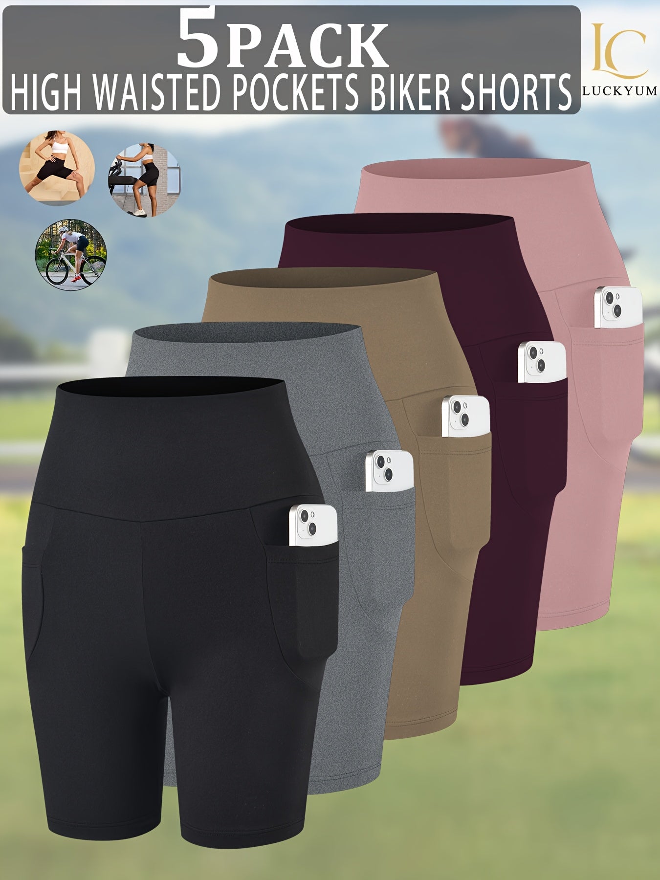 High Waisted Biker Shorts for Women 5-Pack with Pockets Tummy Control No See-Through 92% Polyester 6-Inch Inseam Workout Running Yoga Gym Athletic Shorts XS-XXL