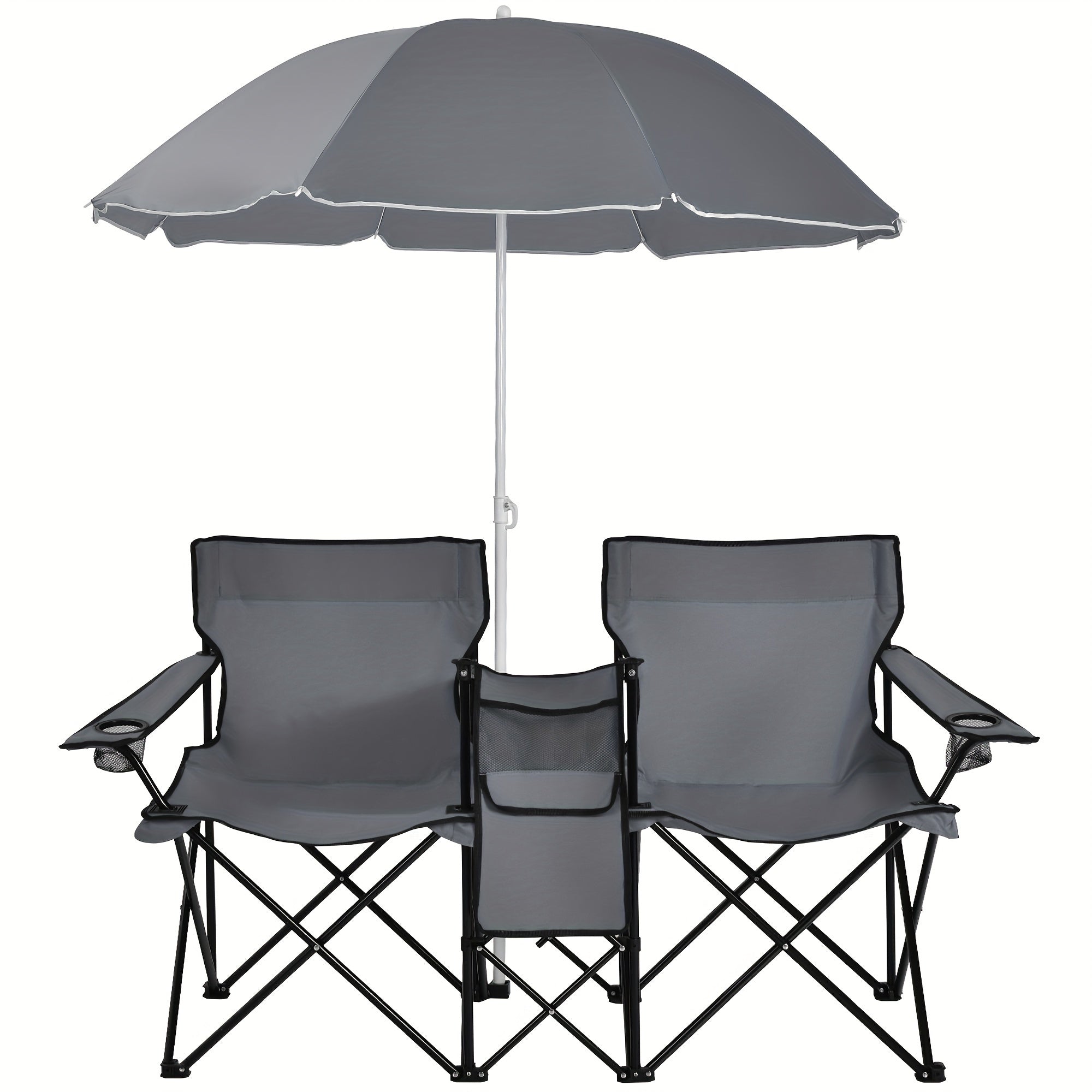 2-Person Folding Beach Chair Set with Umbrella, Table & Cooler Bag – 600 lb Capacity Portable Camping & Picnic Chair Set for Outdoor, Beach & Tailgate