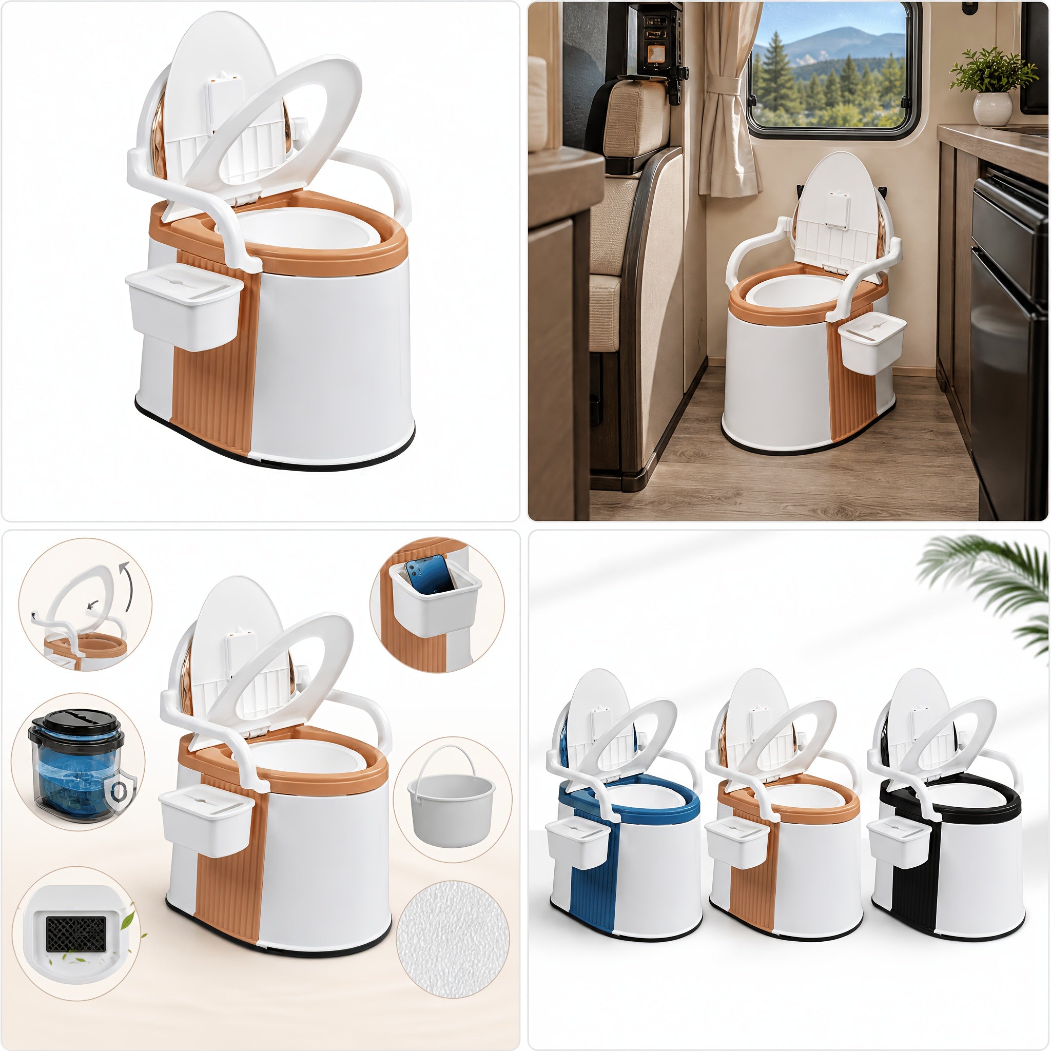 Portable Camping Toilet with Backrest & Handrails – 350LB Capacity, Detachable 6-8 Gallon Bucket, Odor-Control Lid, Lightweight Commode for Camping, RV, Boat & Medical Use