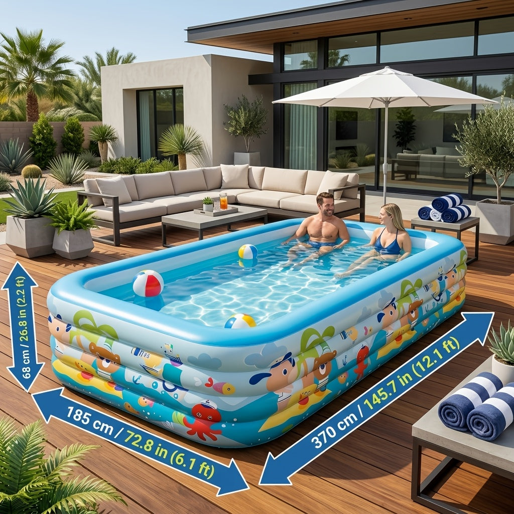 Extra Large Rectangular Inflatable Swimming Pool for Family, Thickened PVC Wear-Resistant Leak-Proof Backyard Pool for 1-6 People, Easy Setup Above Ground Pool for Garden Outdoor Summer Fun
