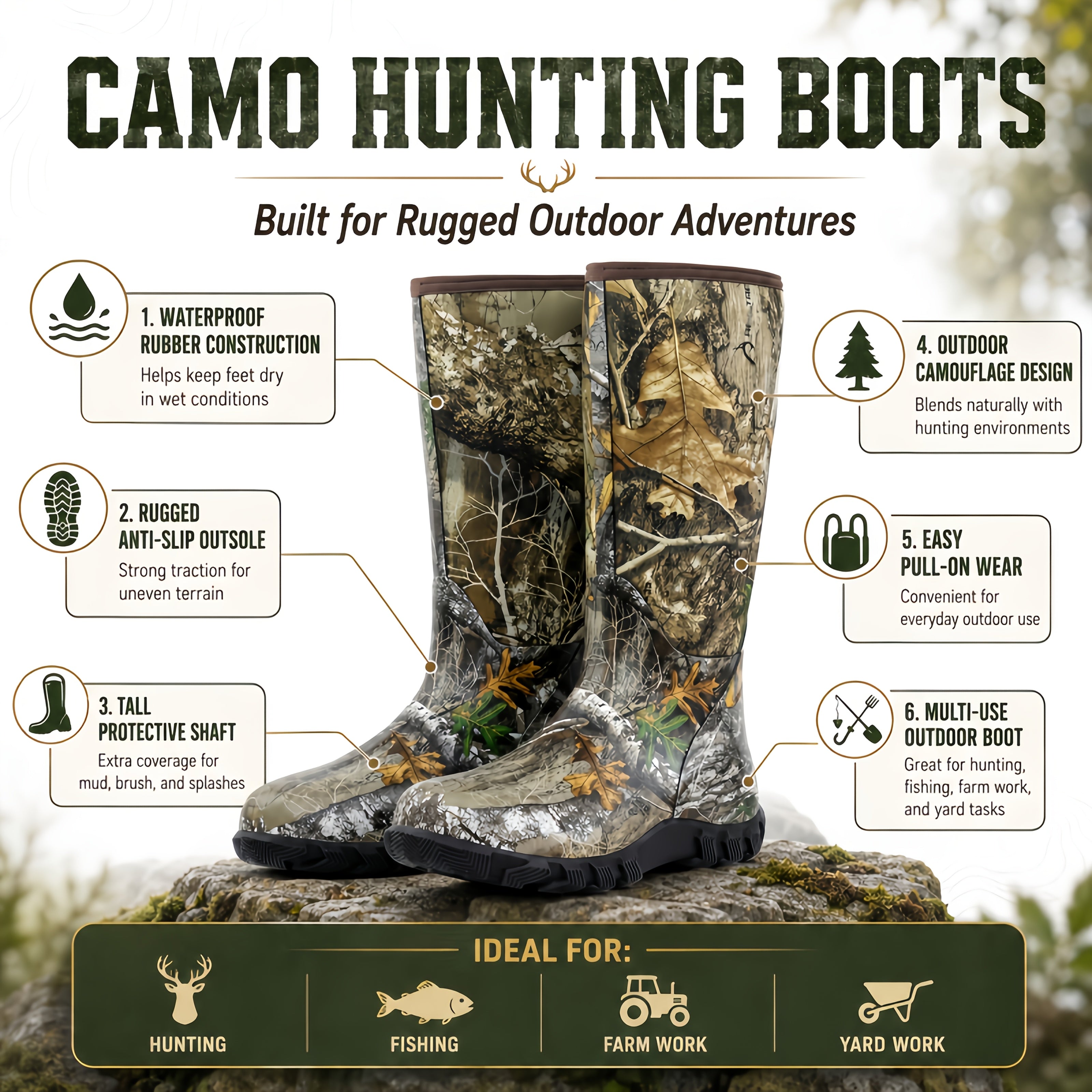 Men's 6mm Neoprene Insulated Hunting Boots – Waterproof Camouflage Rubber Boots with Non-Slip Sole, Slip-On Outdoor Boots for Duck Hunting Fishing Hiking Farming, Sizes US 8-14