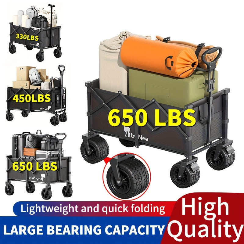 Collapsible Folding Wagon Cart Heavy Duty 450-650LBS – All Terrain Foldable Utility Wagon for Camping Beach Gardening Grocery Shopping Fishing, Large Capacity, Black