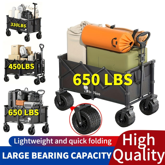Collapsible Folding Wagon Cart Heavy Duty 450-650LBS – All Terrain Foldable Utility Wagon for Camping Beach Gardening Grocery Shopping Fishing, Large Capacity, Black