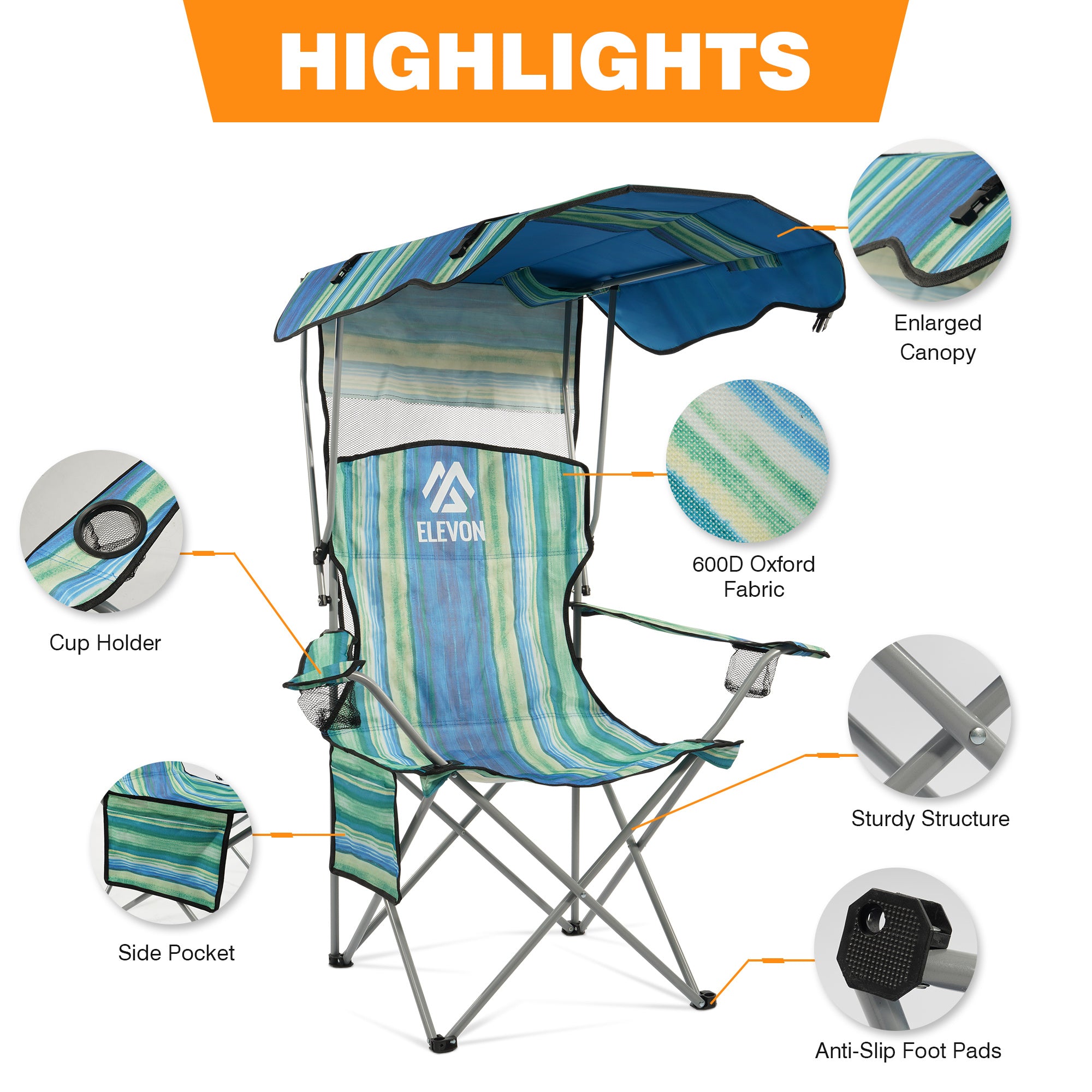 Folding Camping Chair with Canopy Sunshade Portable Beach Chair – 225 lbs Support Wide Seat Cup Holder Carrying Bag for Outdoor Lawn