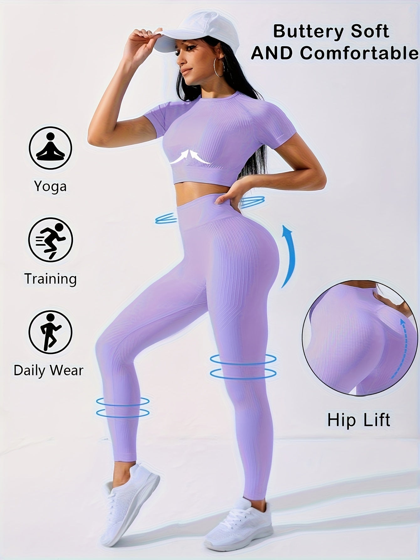 2PCS Women's Workout Set – Yoga Crop Top & Leggings, Crew Neck, Medium Stretch, Solid Color All-Season Activewear, XS-XL