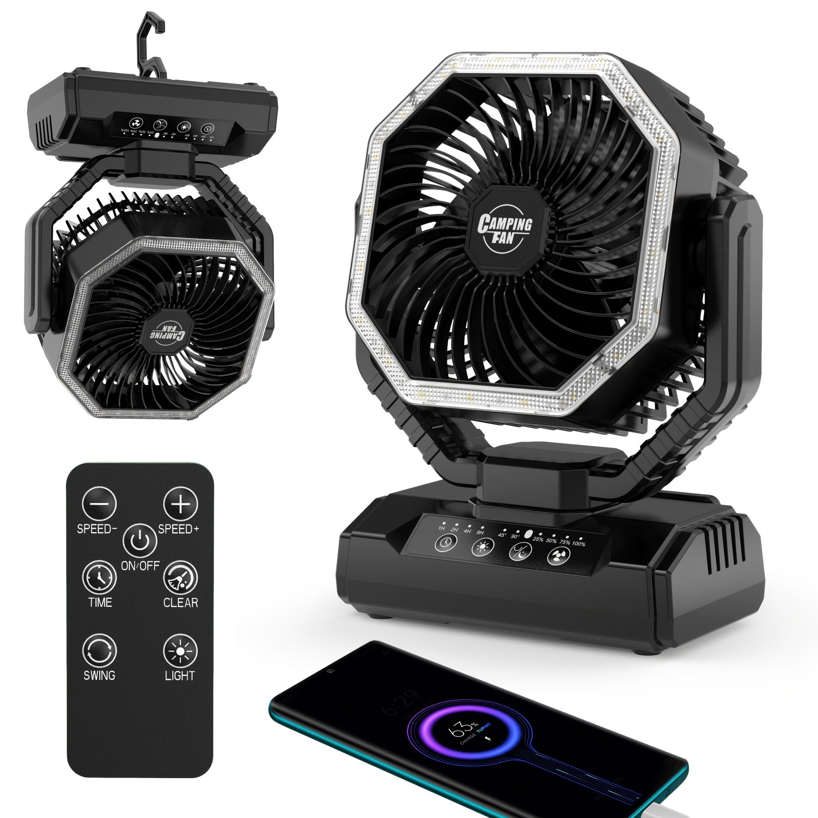 20000mAh Camping Fan with LED Light & Brushless Motor – Portable Outdoor Fan for Camping Hiking Picnic Emergency Use, 4 Speeds, 180° Oscillation, 22-26H Battery Life