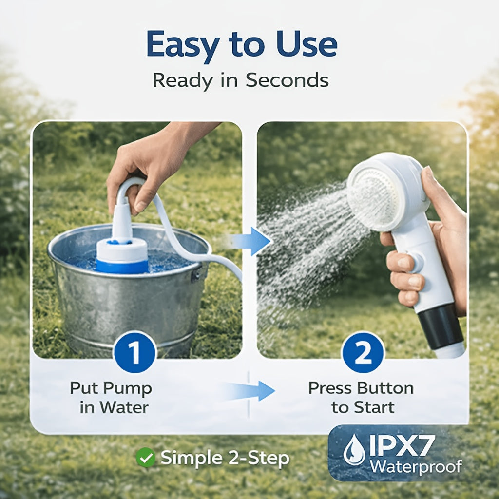 USB Powered Portable Camping Shower Pump with 6.5ft Hose, No Battery Submersible Water Pump for Camping Hiking Beach Pet Bathing Car Washing Garden Watering, Connects to Power Bank or Car Charger