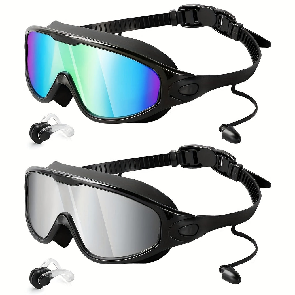 Anti-Fog Swim Goggles for Adults Wide Angle Leak-Proof UV Protection with Adjustable Headband, Nose & Ear Clip - Clear Vision Pool Swimming Goggles for Men Women Water Fitness (1pc or 2pcs Set)