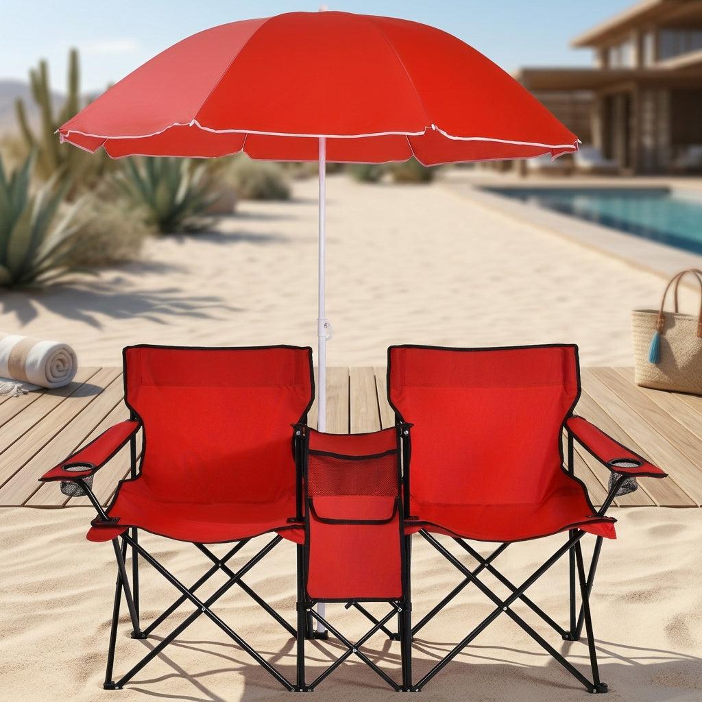 2-Person Folding Beach Chair Set with Umbrella, Table & Cooler Bag – 600 lb Capacity Portable Camping & Picnic Chair Set for Outdoor, Beach & Tailgate