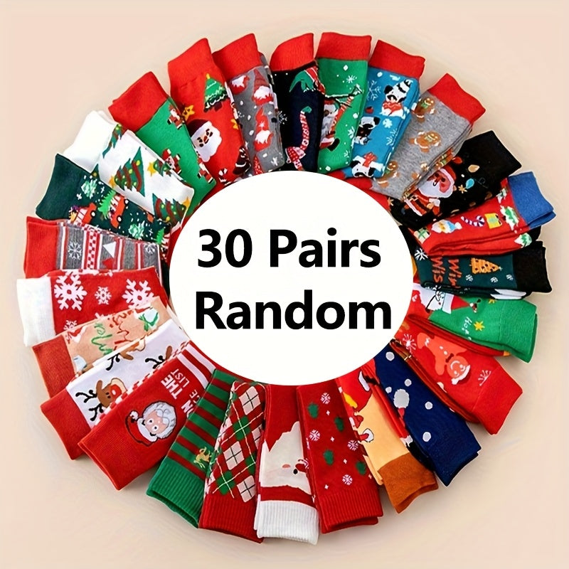 Christmas Socks 30 Pairs Bulk Set – Funny Novelty Holiday Socks with Reindeer Snowflakes Santa Claus Christmas Tree Gingerbread Patterns, Warm Unisex Gift for Men & Women