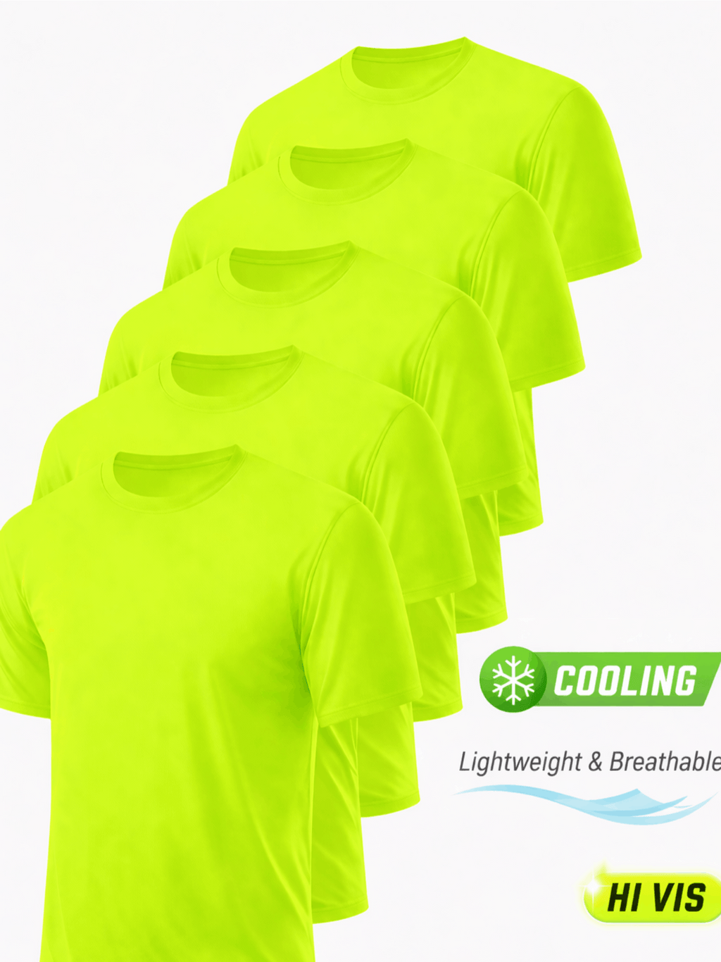 Men's Safety Work Shirts 5-Pack UPF 50+ Quick Dry – Breathable Hi-Vis Performance Tees for Outdoor Jobs Construction Landscaping, Fluorescent Yellow, S-XXXL