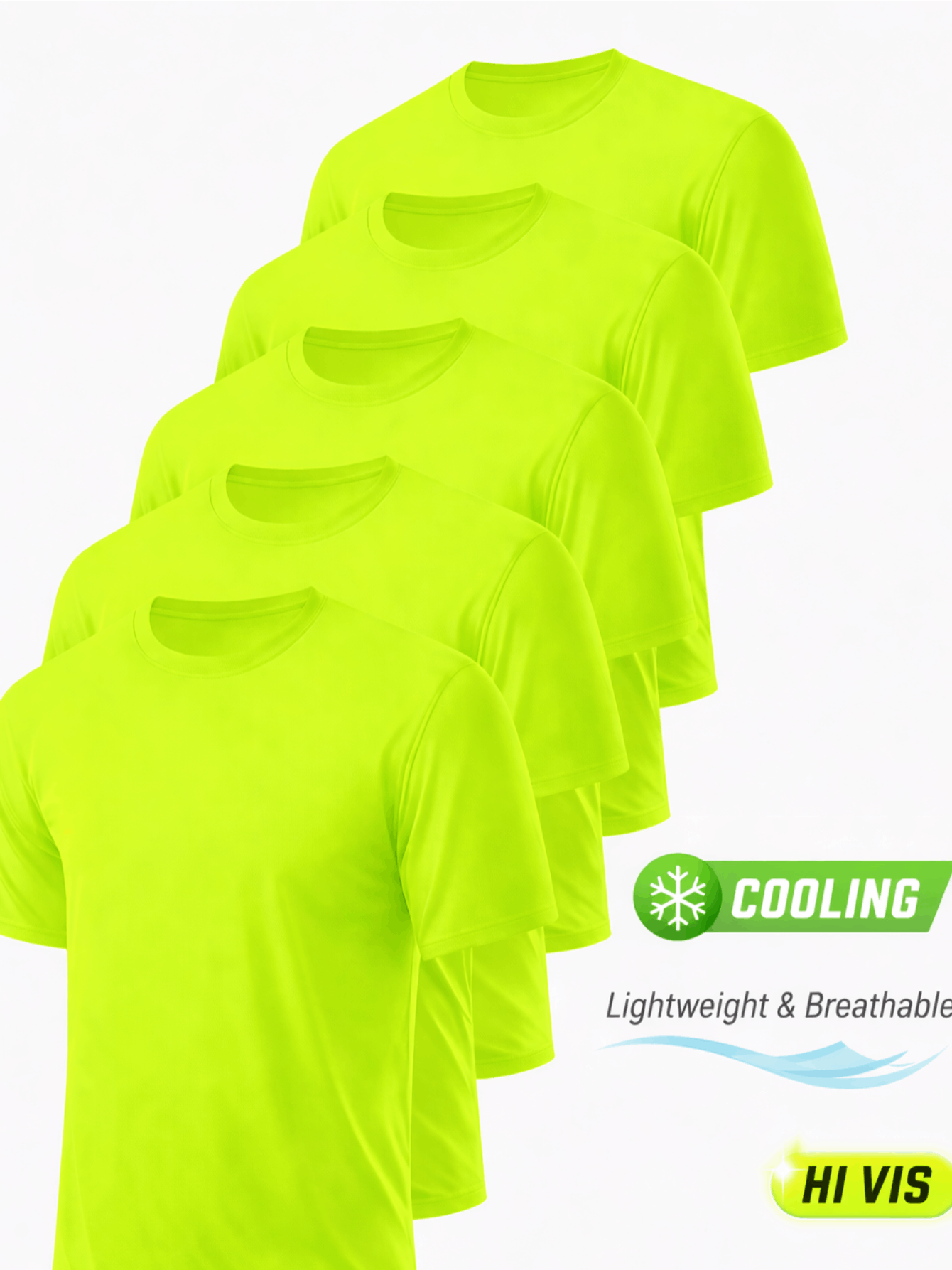 Men's Safety Work Shirts 5-Pack UPF 50+ Quick Dry – Breathable Hi-Vis Performance Tees for Outdoor Jobs Construction Landscaping, Fluorescent Yellow, S-XXXL