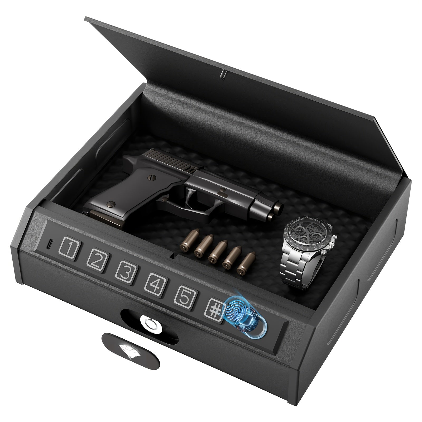 Biometric Gun Safe 3-Way Unlock – Fingerprint Digital PIN & Key Pistol Lock Box with Internal Light Silent Mode Emergency Power for Home Bedroom Nightstand Car