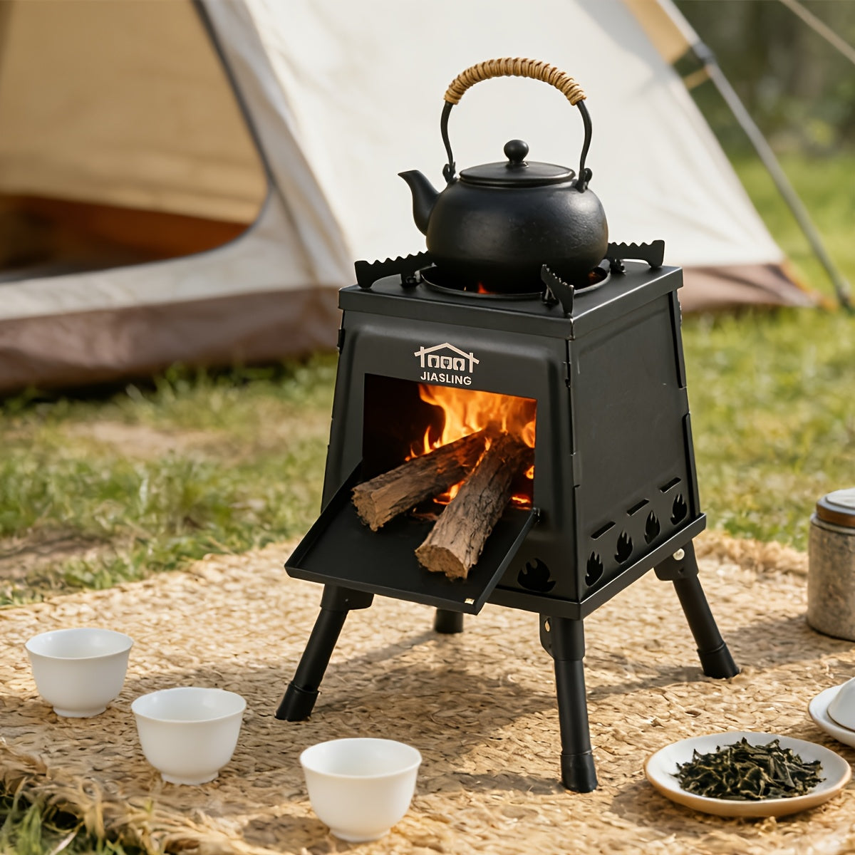 Portable Wood Burning Camp Stove 5LBS Stainless Steel Camping Stove for Outdoor Hiking Picnic BBQ Travel Emergency Cooking Firewood Charcoal No Batteries Required