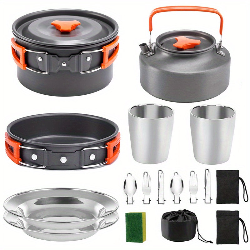 Portable Camping Cookware Set for 2-3 People - Pot Frying Pan Kettle with Cutlery - Foldable Space-Saving Outdoor Cooking Kit for Camping Hiking Backpacking - Lightweight Camp Kitchen Set