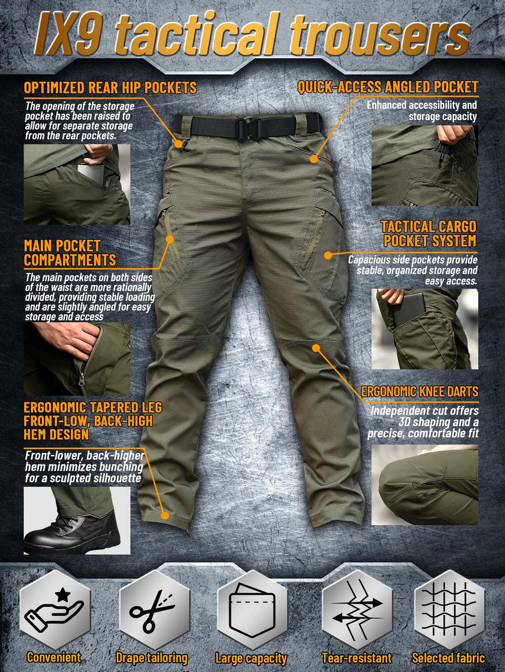 IX9 Men's Tactical Pants Quick Dry Breathable Tear-Resistant Multi-Pocket Slim Fit 3D Tailoring for Hiking Camping Climbing Fishing S-XXL