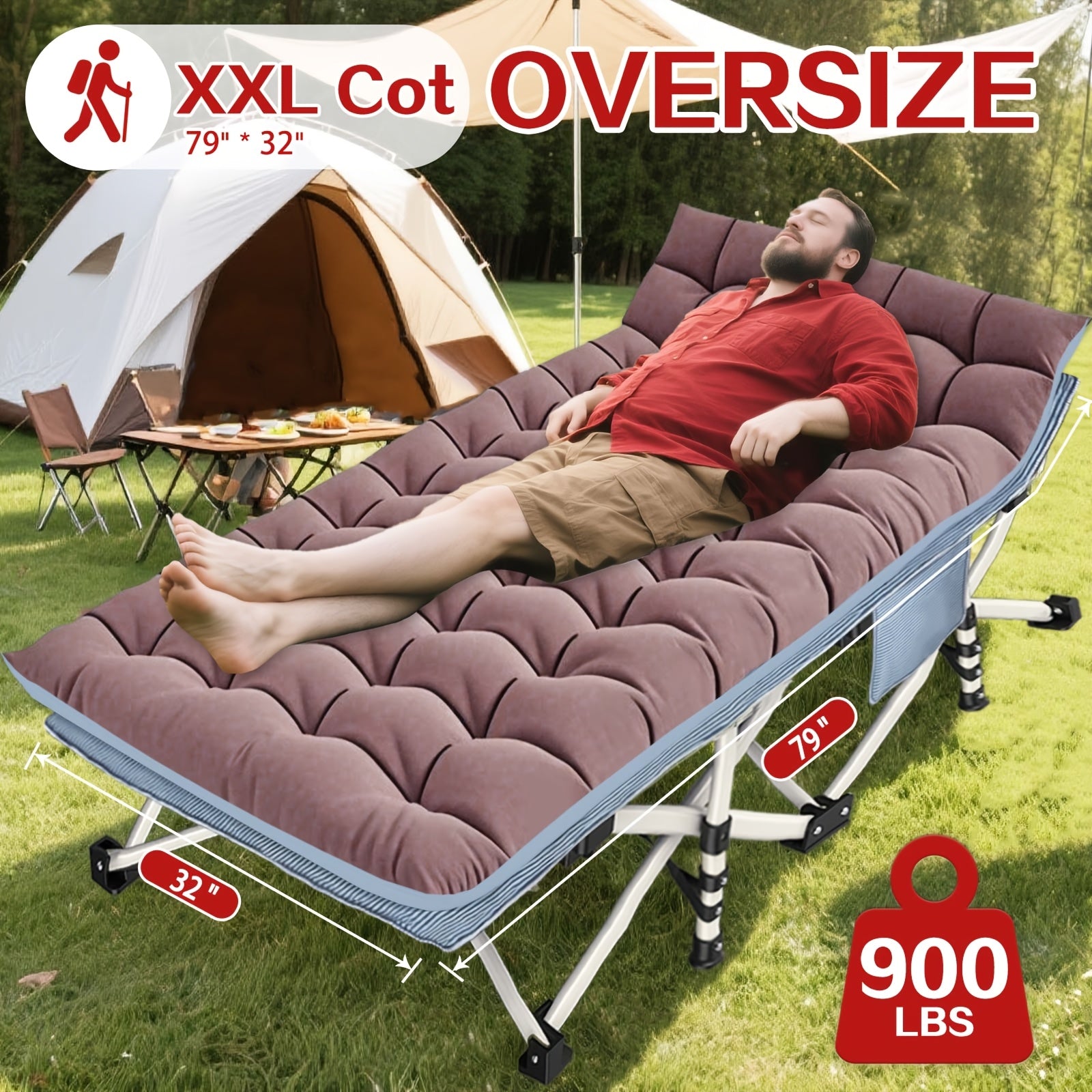 Folding Camping Cot with Mattress XXL Oversize 75"-79" Heavy Duty 700-900 LBS – Portable Guest Bed & Sleeping Cot with Carry Bag for Camping, Travel, Indoor & Outdoor Use