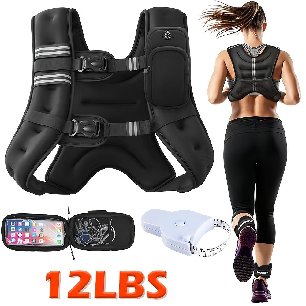 Weighted Vest 8 12 16 lb Reflective Slim Fit with Phone Pouch – Running Gym Strength Training Core Fitness Unisex Men Women