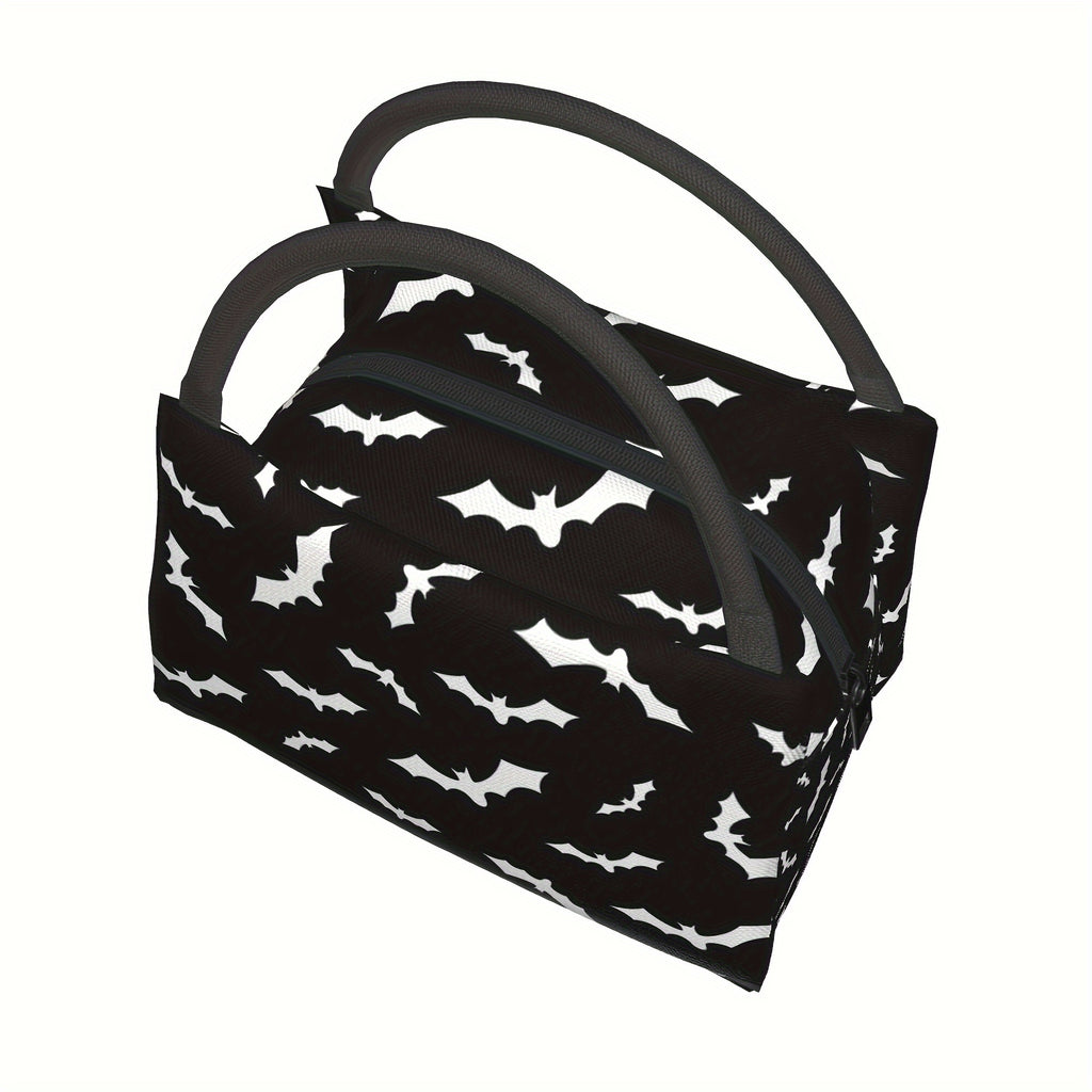 Bat Print Insulated Lunch Bag Cooler 11x6.5x7 In – Reusable Polyester Thermal Tote with Black Handles for Halloween School Office Camping Picnic Beach
