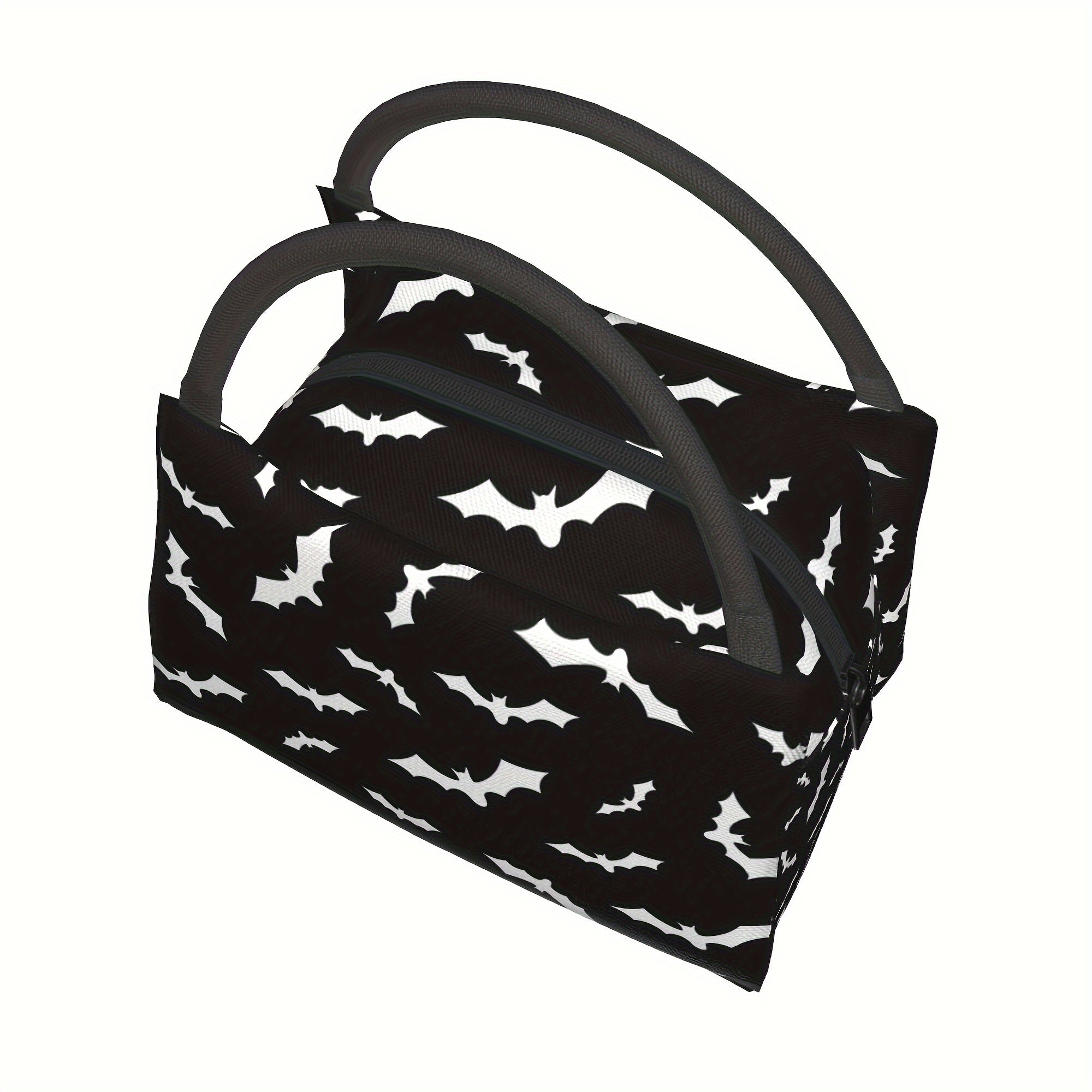 Bat Print Insulated Lunch Bag Cooler 11x6.5x7 In – Reusable Polyester Thermal Tote with Black Handles for Halloween School Office Camping Picnic Beach